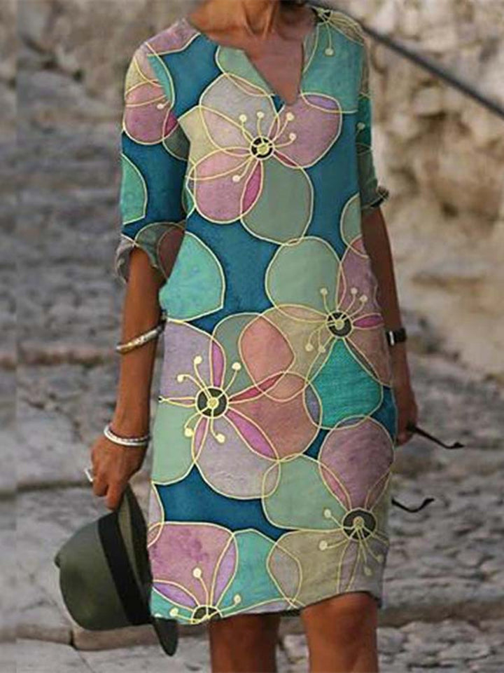 Damen nan lässiges Leinenkleid mit V-Ausschnitt und floralem Allovermuster, knielang mit dreiviertelärmeln Echo Archiv