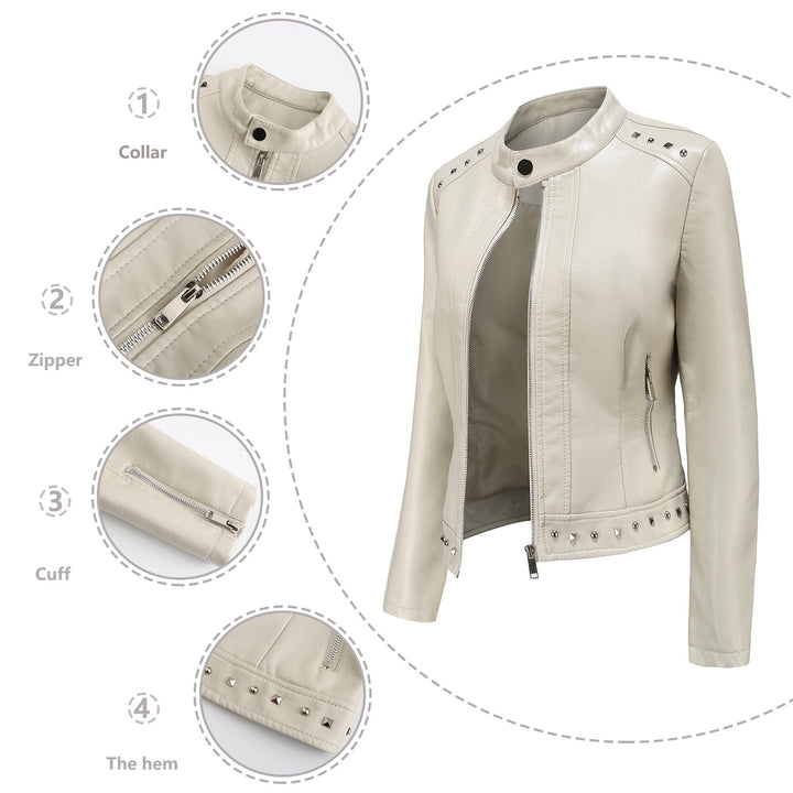 Damen nan kurze taillierte Kunstlederjacke mit Stehkragen Zwei-Wege-Reißverschluss und Ziernietensaum Echo Archiv