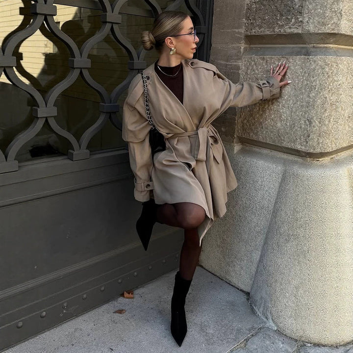 Damen Kurzer Asymmetrischer Wickelmantel mit Volant-Overlay und Bindegürtel Echoarchiv