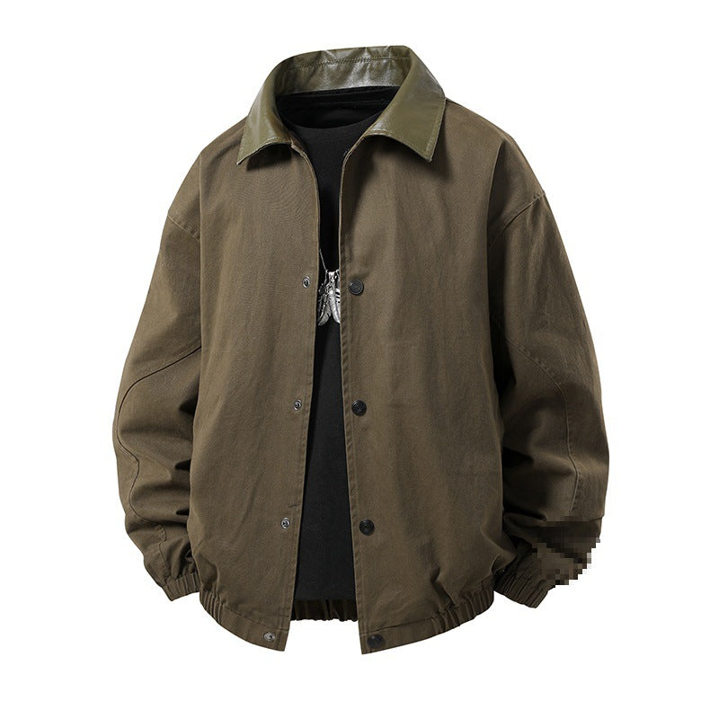 Herren Boxy-Coachjacke im minimalistischen Layering-Stil mit kontrastierendem Kunstlederkragen, Druckknopfverschluss & elastischem Saum Echoarchiv