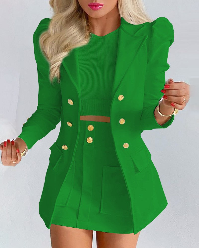 Damen Zweiteiliges karriertes Blazer- und Minirock-Set mit betonten Puffärmeln und goldenen Knöpfen – Valéne