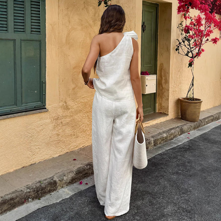 Damen Einschultriger Leinen-Jumpsuit mit Zier-Rosette und weitem Bein – Solévia