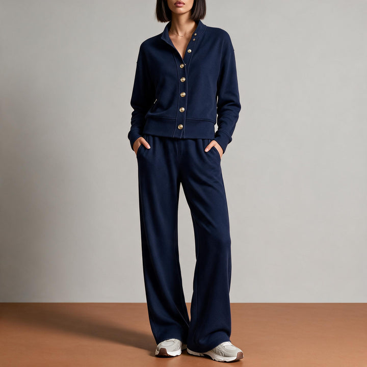 Damen Sweatjacke mit Druckknopfleiste, Stehkragen und weichem Lounge-Schnitt Echoarchiv