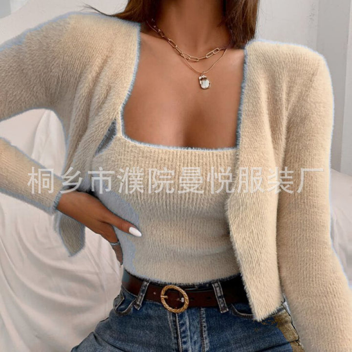 Damen Zweiteiler Cropped Spaghettiträger-Top mit Kurzcardigan aus weichem Feinstrick – Veloura