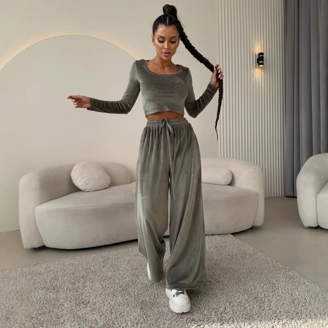 Damen Samt-Loungewear-Set mit Cropped-Langarmshirt und hoher Taillen-Palazzohose – Élanora