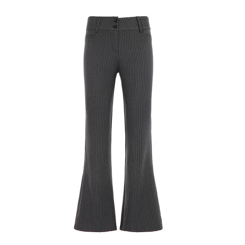 Damen Hochtaillierte Stretch‑Schlaghose mit Nadelstreifen und Doppelknopf – Avélisse