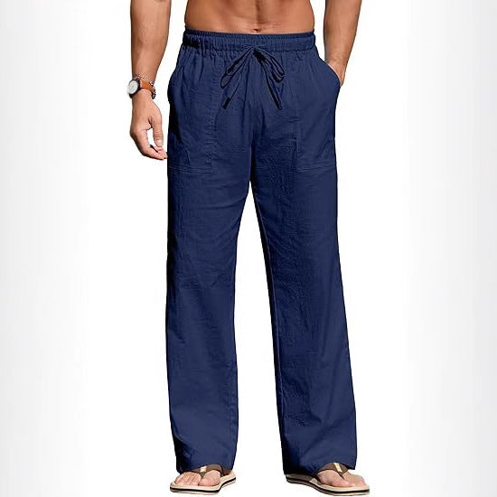 Herren nan leichte Leinenhose mit elastischem Bund, Kordelzug und aufgesetzten Taschen Echo Archiv