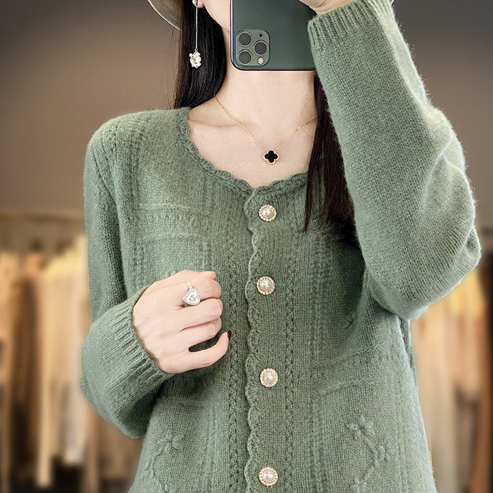 Damen Verzierter Strickcardigan mit Perlenknöpfen und Ajour‑Stickerei Echoarchiv
