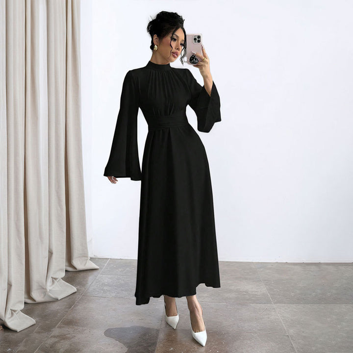 Damen elegantes Maxikleid mit Stehkragen, geraffter Taillenpartie und ausgestelltem A‑Linien‑Rock – Valéora