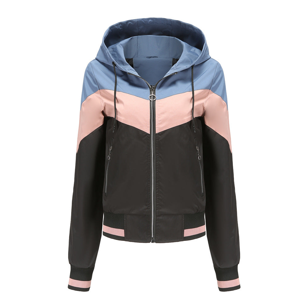 Damen nan leichte Windbreaker-Jacke mit Kapuze, Blockpaneel-Design, Reißverschlusstaschen und elastischem Saum Echo Archiv