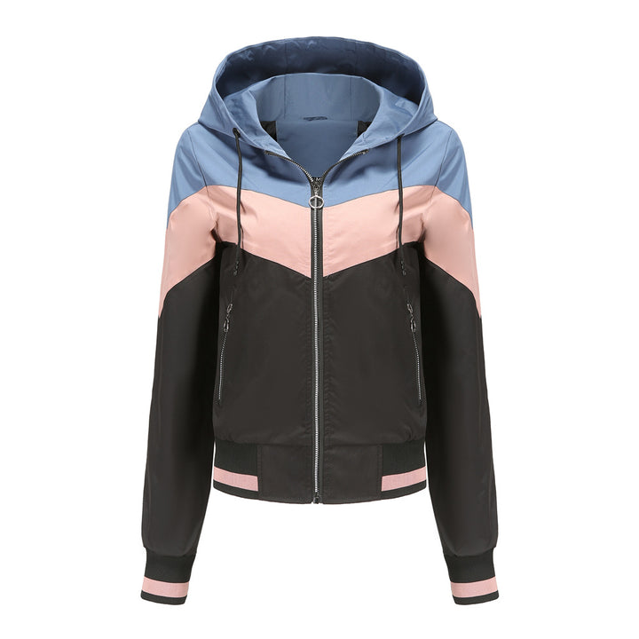 Damen nan leichte Windbreaker-Jacke mit Kapuze, Blockpaneel-Design, Reißverschlusstaschen und elastischem Saum Echo Archiv