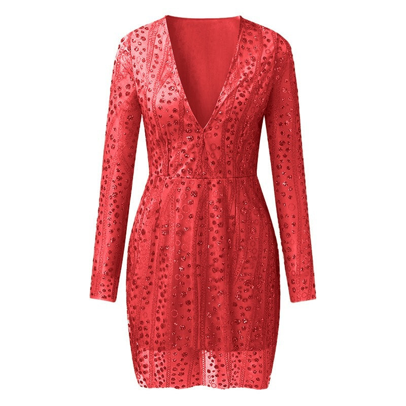 Damen Elegantes Cocktailkleid mit tiefem V-Ausschnitt und funkelnden Pailletten Echo Archiv