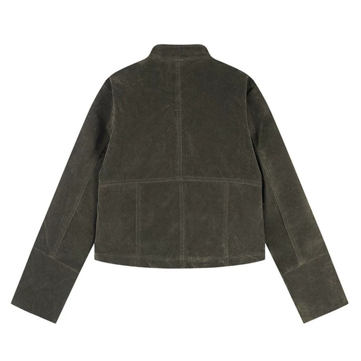 Damen kurze Wildleder-Utilityjacke mit Stehkragen, Mehrfachtaschen und Reißverschluss Echoarchiv