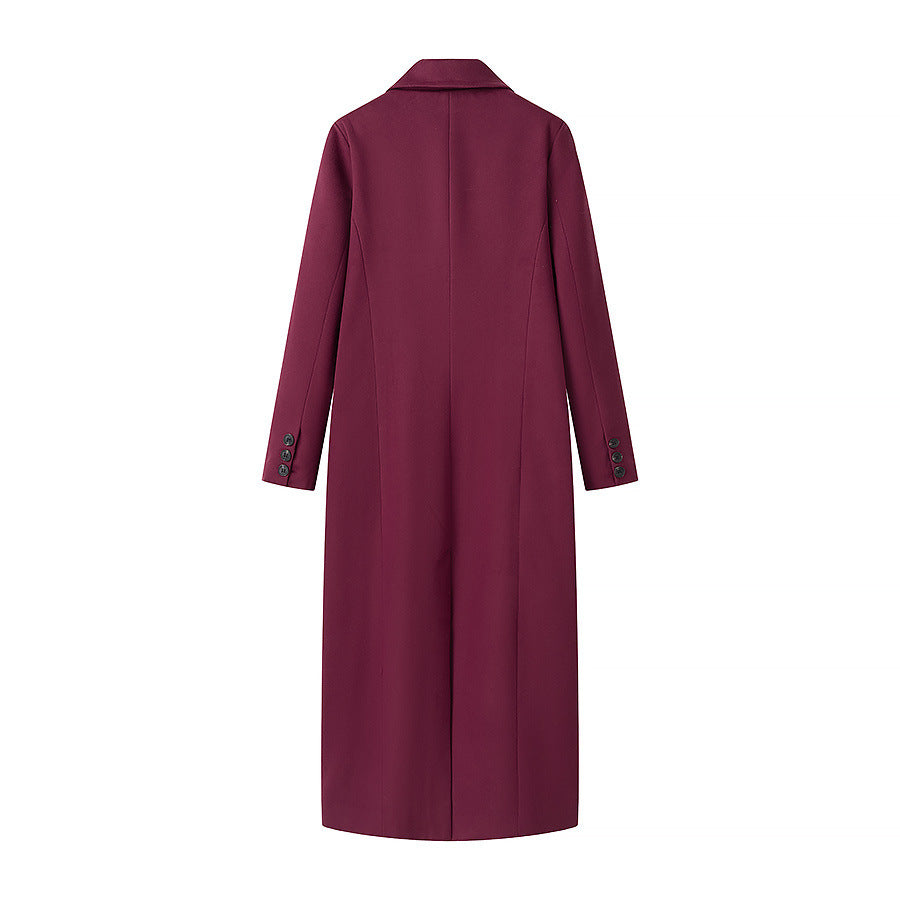 Damen taillierter Longcoat im Zweireiher mit Schalkragen und Pattentaschen – Montévia