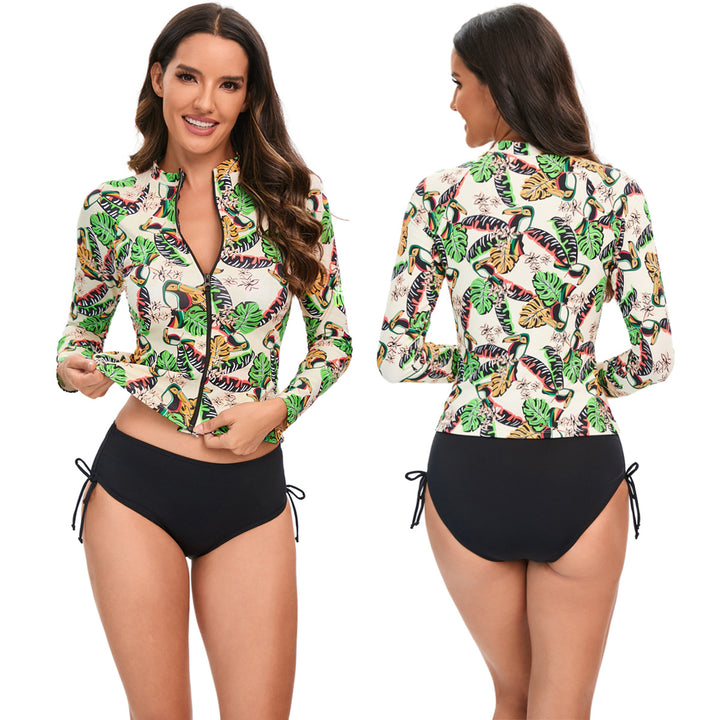 Damen Sportlicher Langarm-Rashguard mit buntem Tier- und Blattmuster Echo Archiv