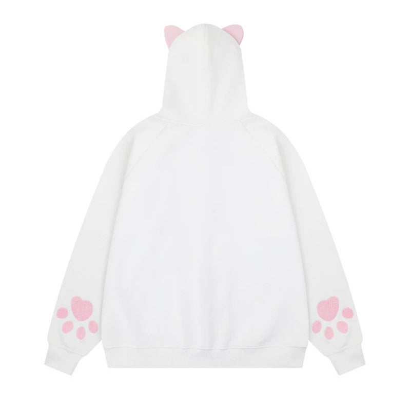 Damen Kapuzen-Sweatjacke mit Ohren, durchgehendem Reißverschluss, Kängurutasche mit Pfoten‑Applikation und verspielten Stickereien Echoarchiv