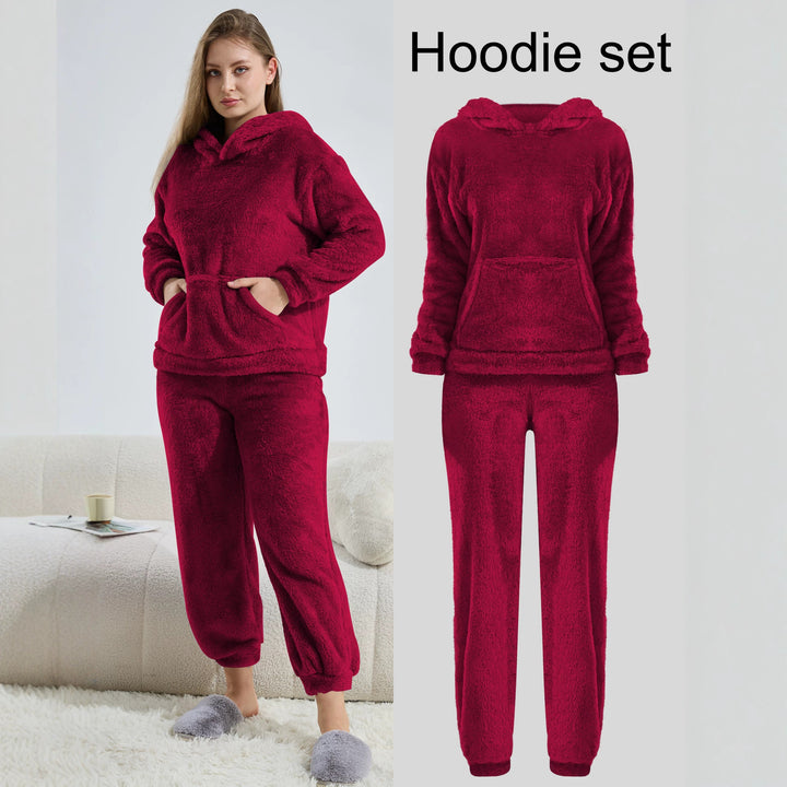 Damen Kuscheliges Teddy-Fleece Lounge-Set mit Kapuze und Kängurutasche – Auréline