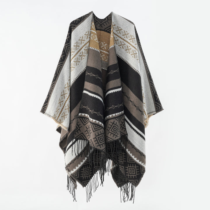 Damen Woven Jacquard-Poncho mit geometrischem Ethno-Muster und Fransensaum Echo Archiv
