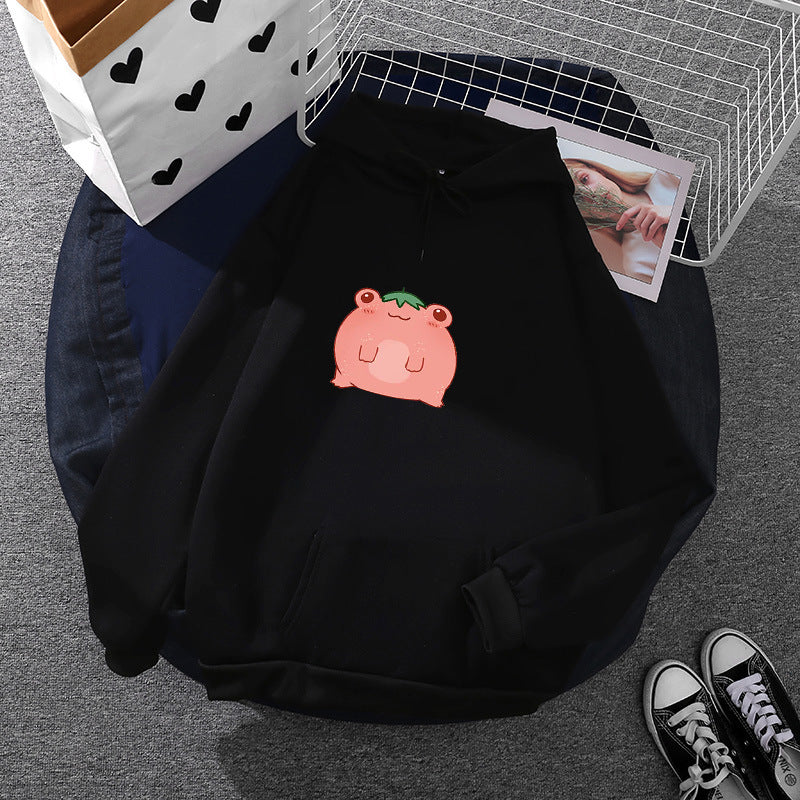 Damen oversized Kapuzenpullover aus Microfleece mit Cartoonfrosch-Motiv und Kängurutasche – Auréline