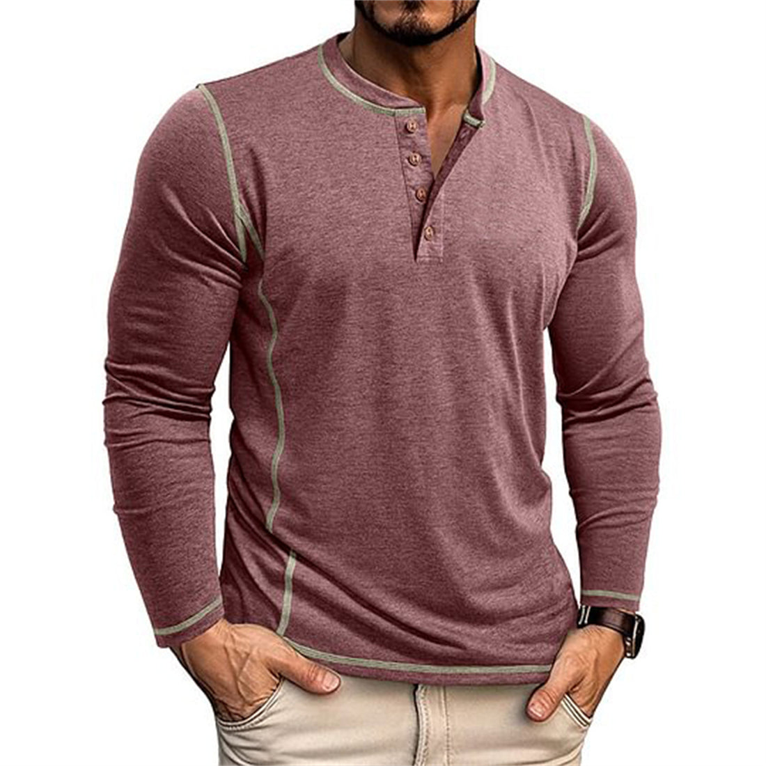 Herren Elastisches Langarm-Henley-Shirt mit Kontrastnähten und Knopfleiste EB – Orvano
