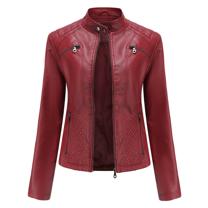Damen nan taillierte Bikerjacke aus Kunstleder mit Stepppaneelen und Stehkragen Echo Archiv