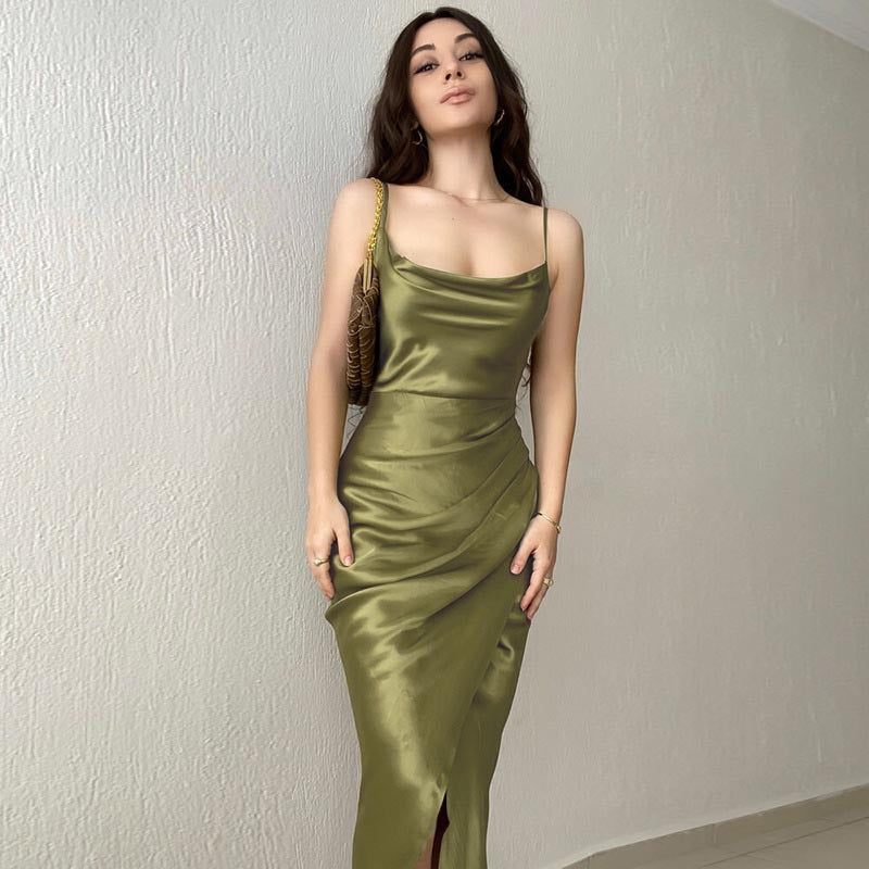 Damen elegantes, figurbetontes Satin-Midikleid mit asymmetrischem Ausschnitt und Schlitz Echo Archiv