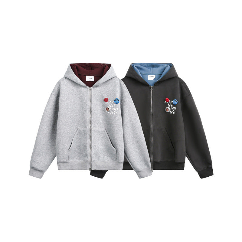 Unisex Kapuzen‑Sweatjacke mit Print‑Badges und Zweiwege‑Reißverschluss Echoarchiv