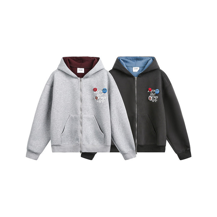 Unisex Kapuzen‑Sweatjacke mit Print‑Badges und Zweiwege‑Reißverschluss Echoarchiv