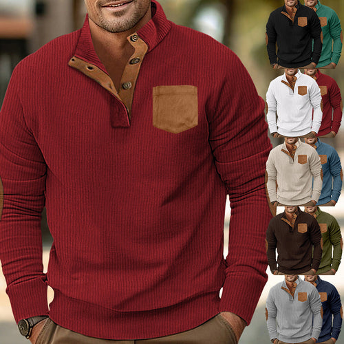 Herren Langarm-Pullover mit kontrastierenden Ärmeln und Knopfleiste Echoarchiv