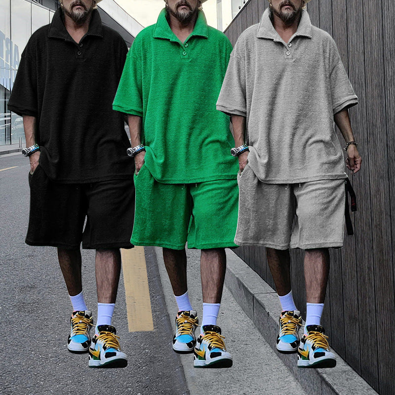 Herren lässige Oversized-T-Shirt und Shorts-Kombination mit Knopfleiste und praktischen Taschen Echoarchiv