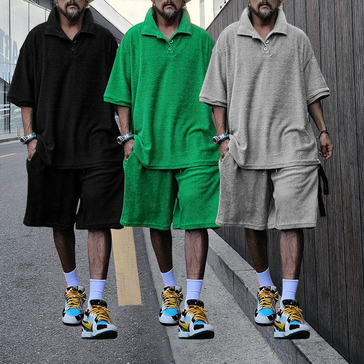 Herren lässige Oversized-T-Shirt und Shorts-Kombination mit Knopfleiste und praktischen Taschen Echoarchiv