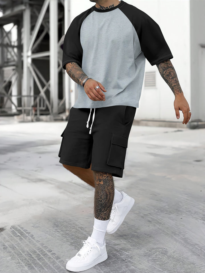 Herren Sportliches T-Shirt und Cargo-Shorts Set mit Kontrastärmel und praktischen Taschen Echoarchiv