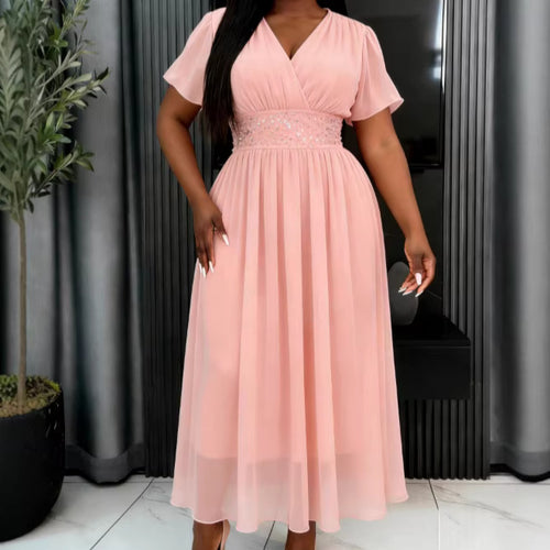 Damen Elegant Fließendes Maxikleid mit V-Ausschnitt und Taillierung Echo Archiv