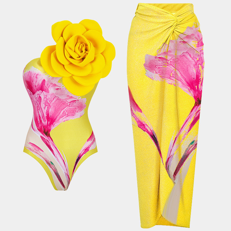 Damen Einteiler Badeanzug mit floralem Design und elegantem Wickelrock Echo Archiv