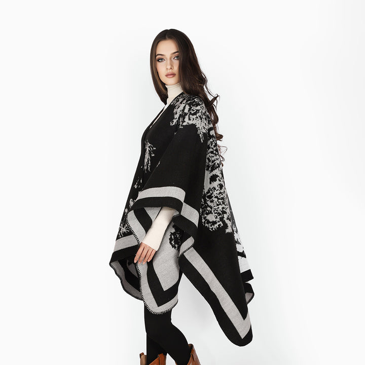 Damen Oversize-Jacquard-Cape aus Wollmix mit abstraktem Blumenmuster Echo Archiv