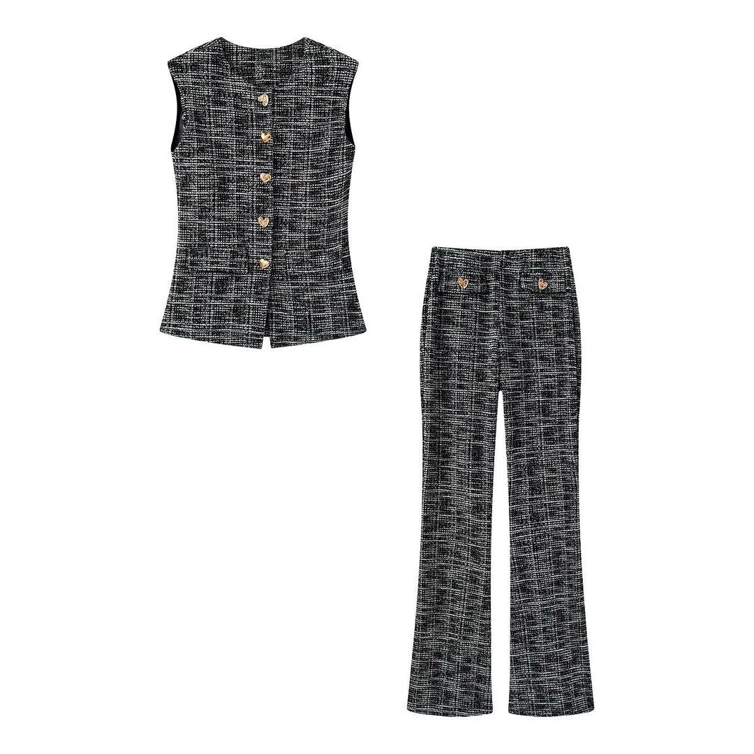Damen elegante Karohose mit schmalem Schnitt und dekorativen Knöpfen Echo Archiv