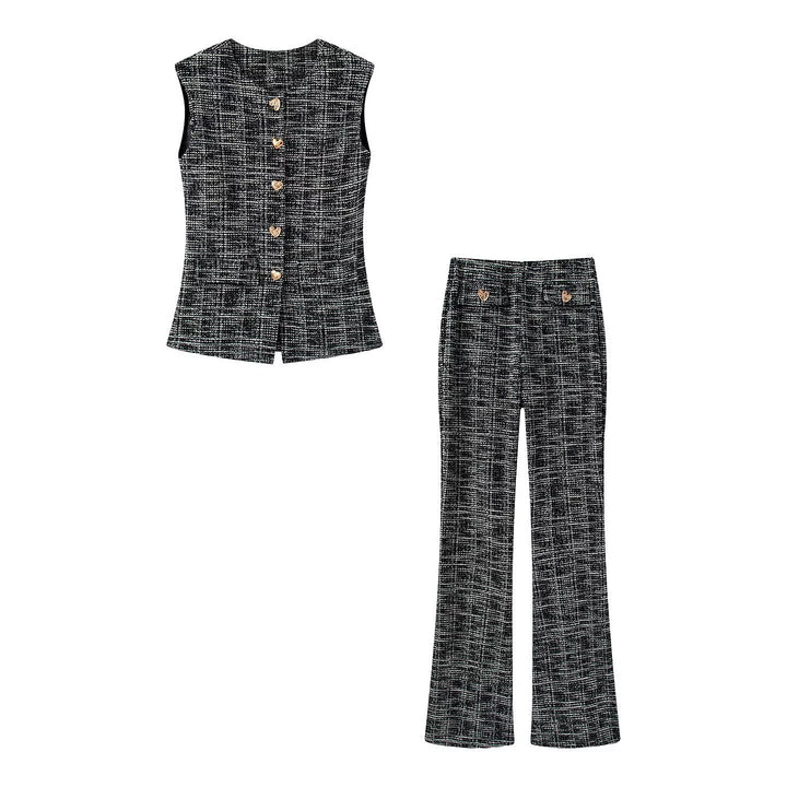 Damen elegante Karohose mit schmalem Schnitt und dekorativen Knöpfen Echo Archiv