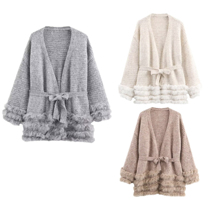 Damen Strick-Cardigan mit Bindegürtel und Faux-Fur-Besatz Echo Archiv
