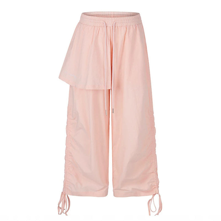 Damen Weite Capri-Hose mit Tunnelzug, seitlicher Raffung und asymmetrischer Überlagerung Echoarchiv