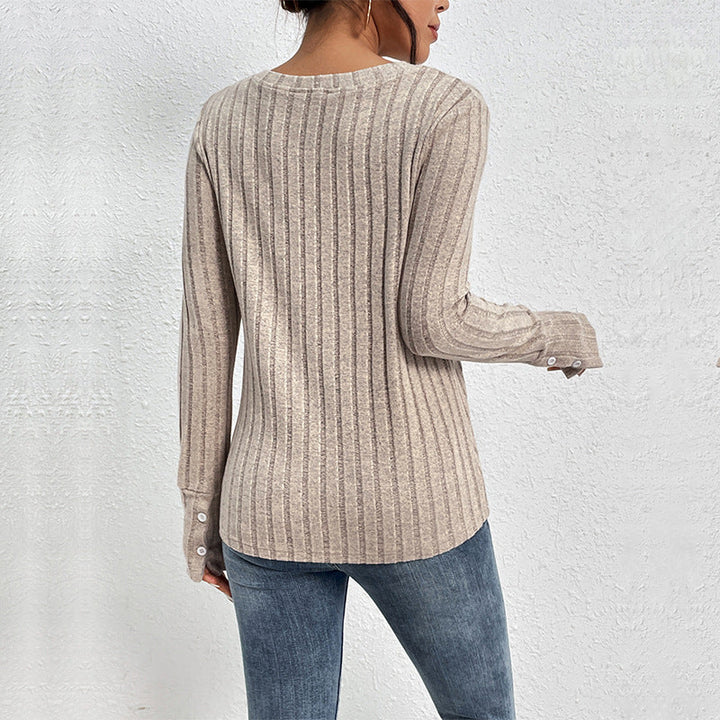 Damen Geripptes Feinstrick-Longsleeve mit V‑Ausschnitt und Spitzenpasse Echoarchiv