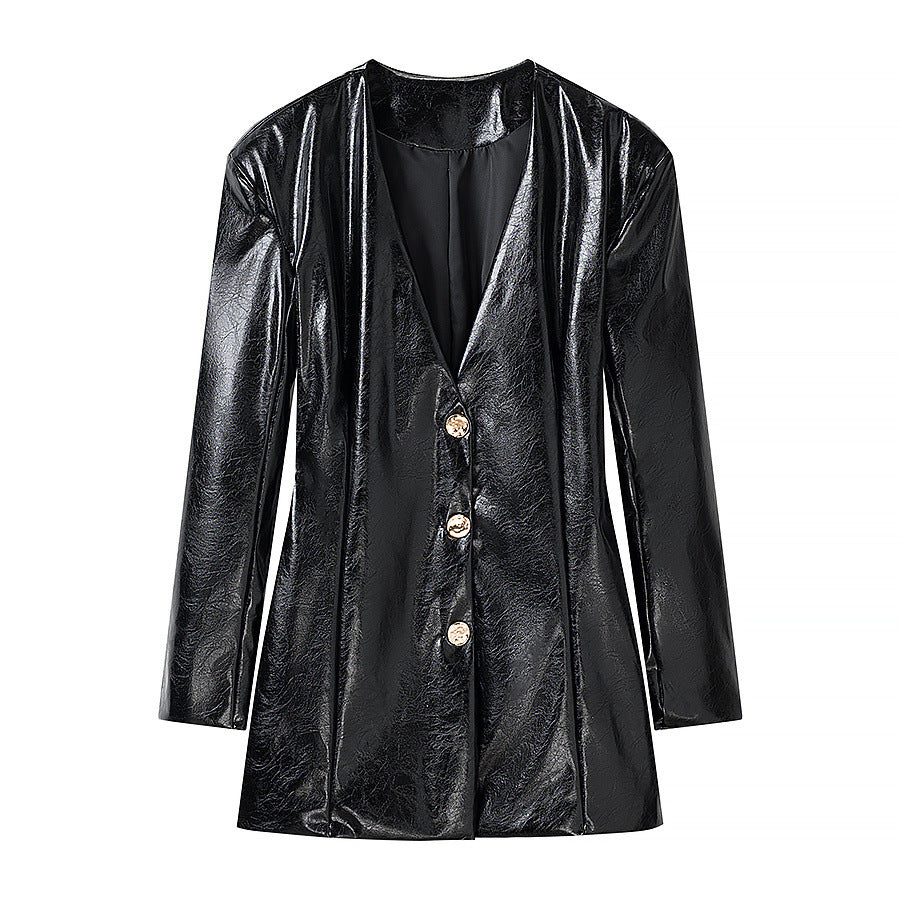 Damen Lackblazer-Minikleid mit taillierten Abnähern und goldenen Zierknöpfen Echo Archiv