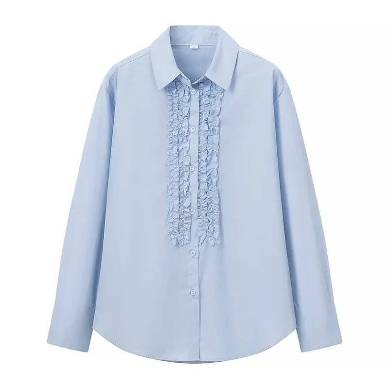 Damen Locker geschnittene Popeline-Bluse mit Rüschenblende und Hemdkragen Echo Archiv