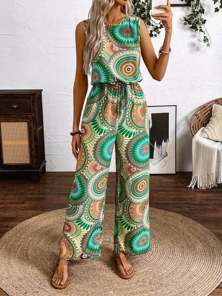 Damen Lässiger Jumpsuit mit Auffälligem Musterdetail und Elastischem Bund Echoarchiv