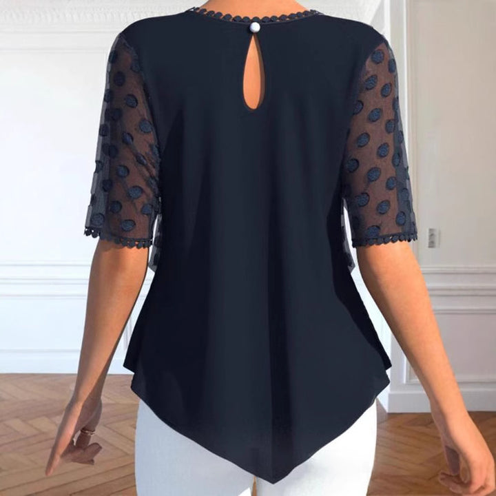 Damen nan Tüllbluse mit bestickten Punkten, halbtransparenten Ärmeln und asymmetrischem Stufensaum Echo Archiv