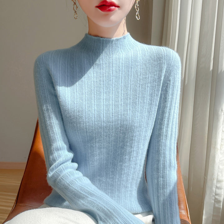 Damen Schmal geschnittener Feinstrick-Pullover mit kurzem Stehkragen und feiner Rippenstruktur Echoarchiv