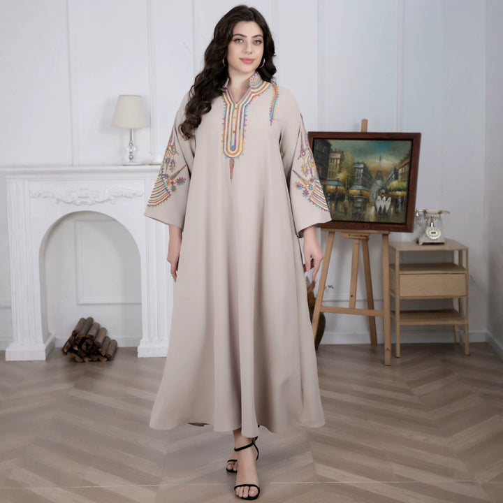 Damen Besticktes Maxikleid im Kaftan-Stil mit Stehkragen und Glockenärmeln Echoarchiv
