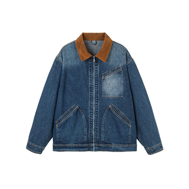 Herren Boxy-Denimjacke im Worker-Stil mit Cordkragen und Frontreißverschluss Echo Archiv