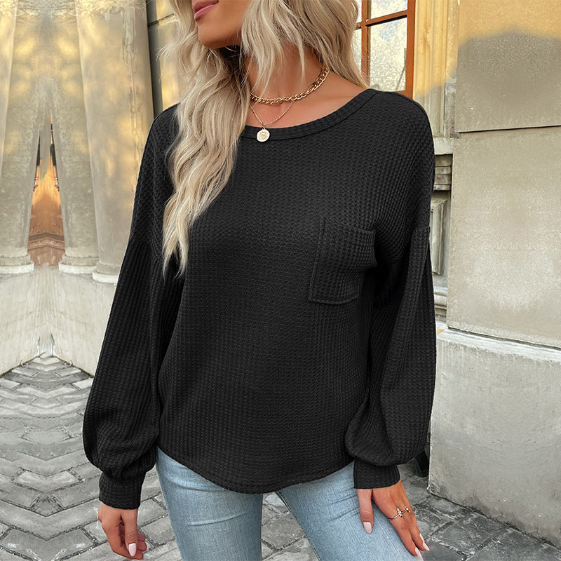 Damen Waffelstrick-Langarmshirt mit Oversize-Brusttasche und Ballonärmeln Echoarchiv
