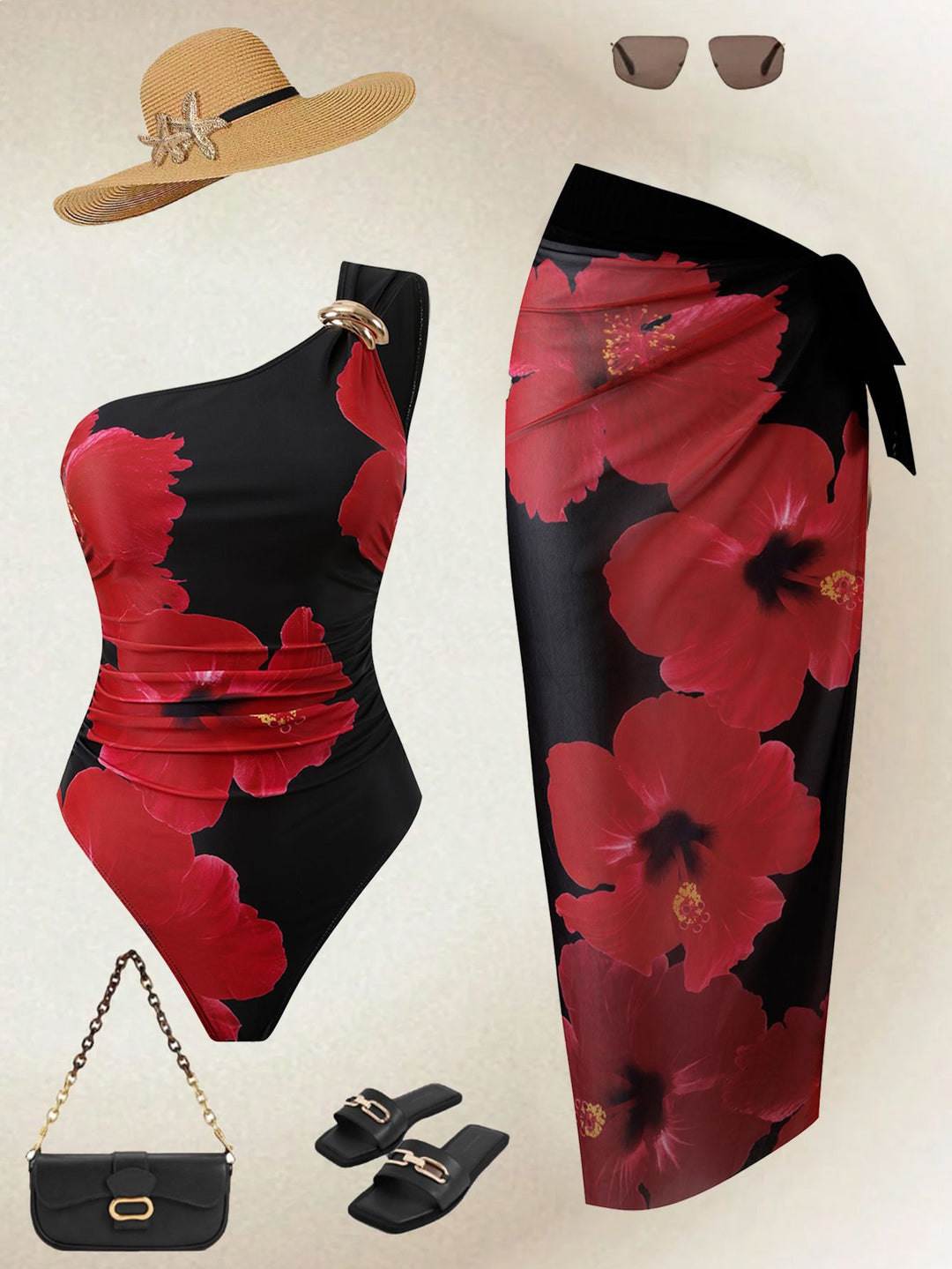 Damen Eleganter Einteiler mit asymmetrischem Schnitt und floralem Design Echo Archiv