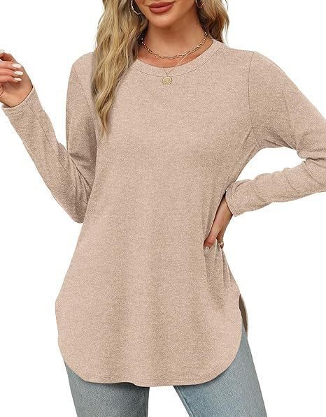 Damen Lässiges Longsleeve-Tunikaoberteil mit Rundhalsausschnitt, Seitenschlitzen und Aquarell-Blattprint Echo Archiv